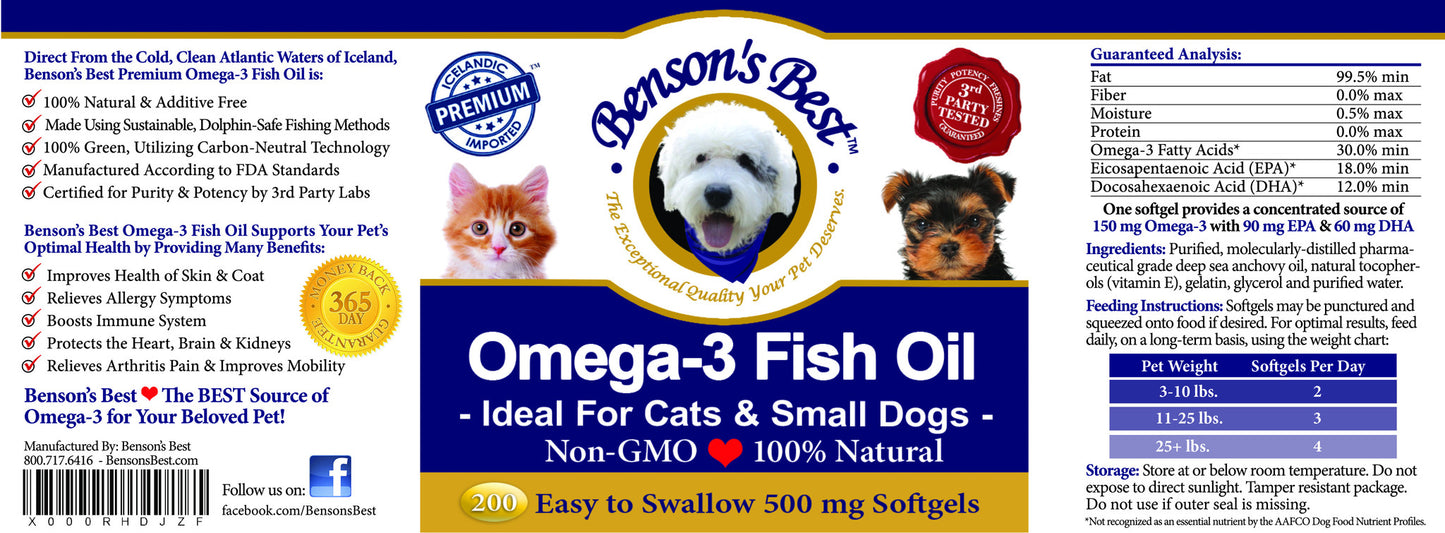 Omega-3 Fish Oil for Cats & Small Dogs - 500 mg Softgels